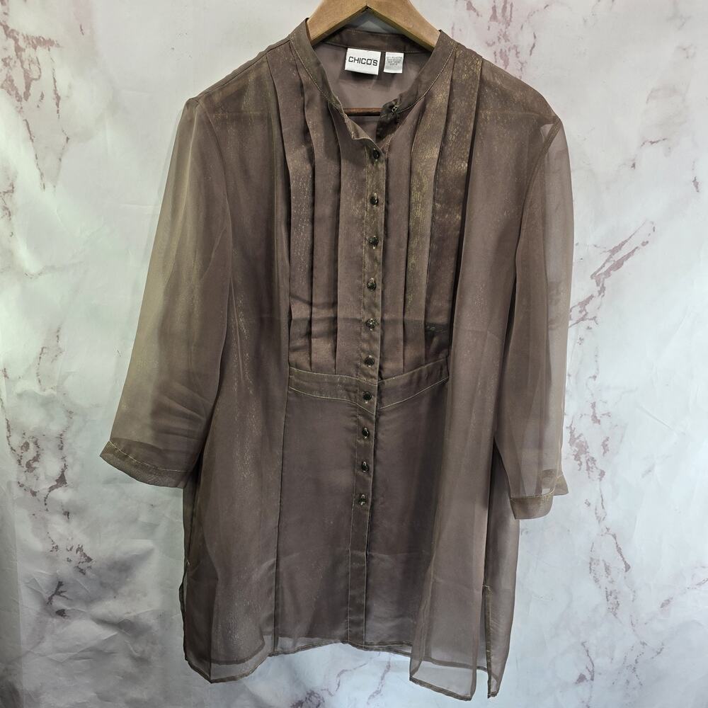 Chicos Shirt Women Large 12 2 Button Up Blouse Tunic Artsy Boho Metallic Shimmer